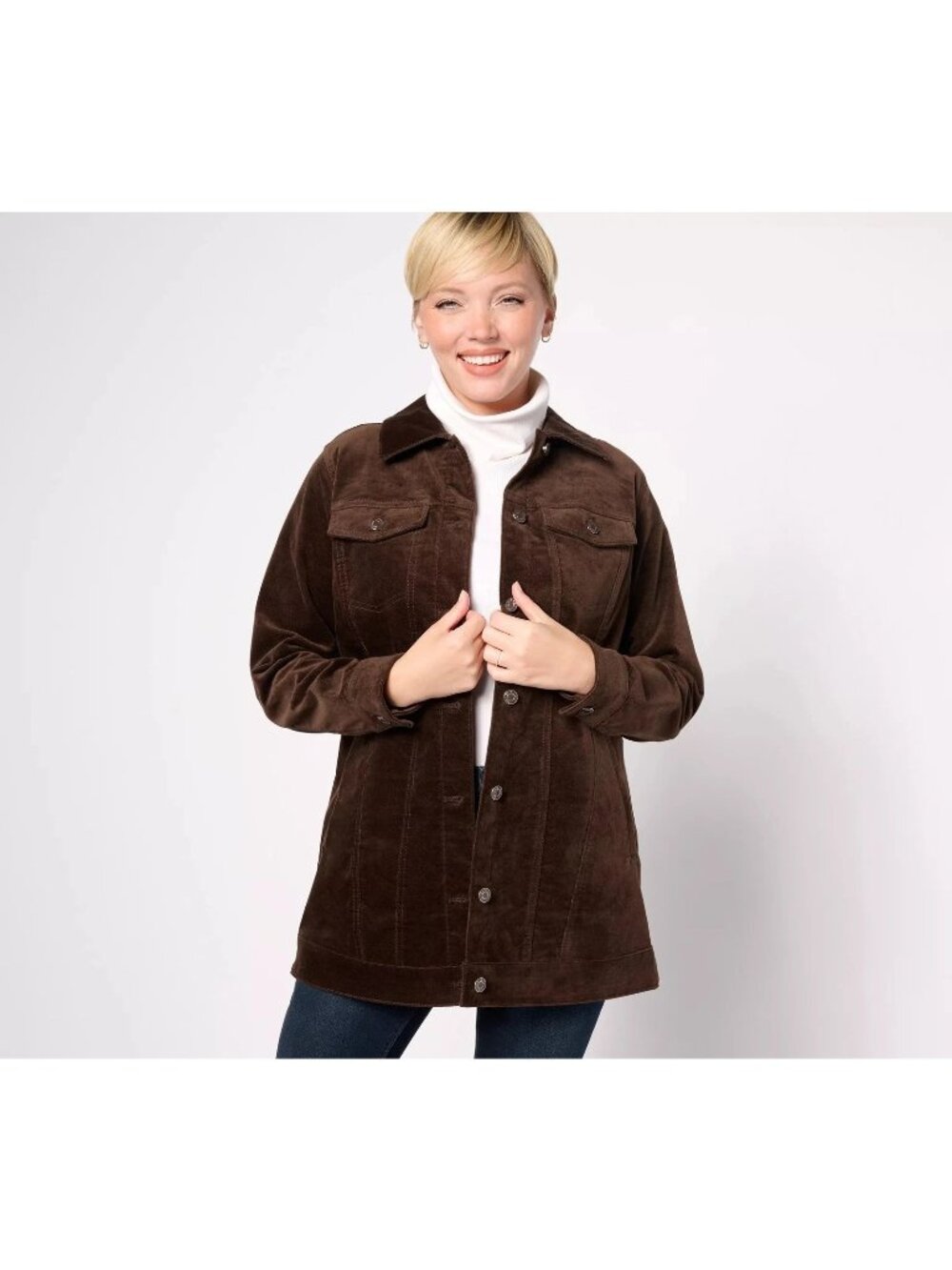 Denim & Co. Long Jacket XXS Regular Stretch Velveteen Dark Chocolate Career Work